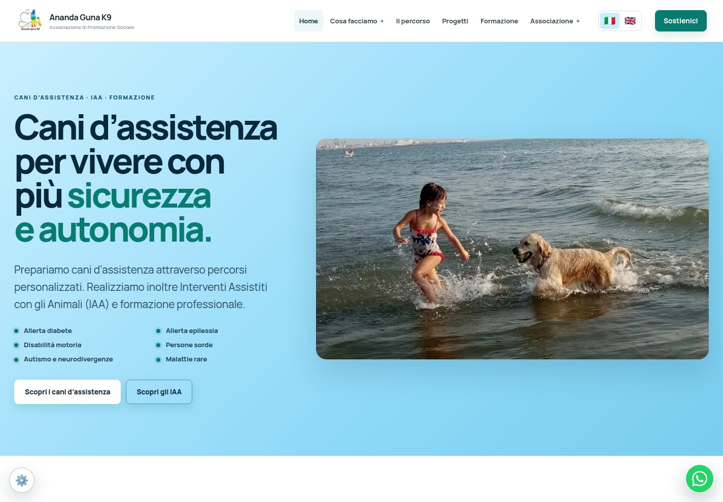 Desktop homepage of the redesigned Ananda Guna K9 website