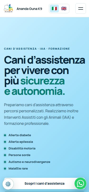 Mobile homepage of the redesigned Ananda Guna K9 website